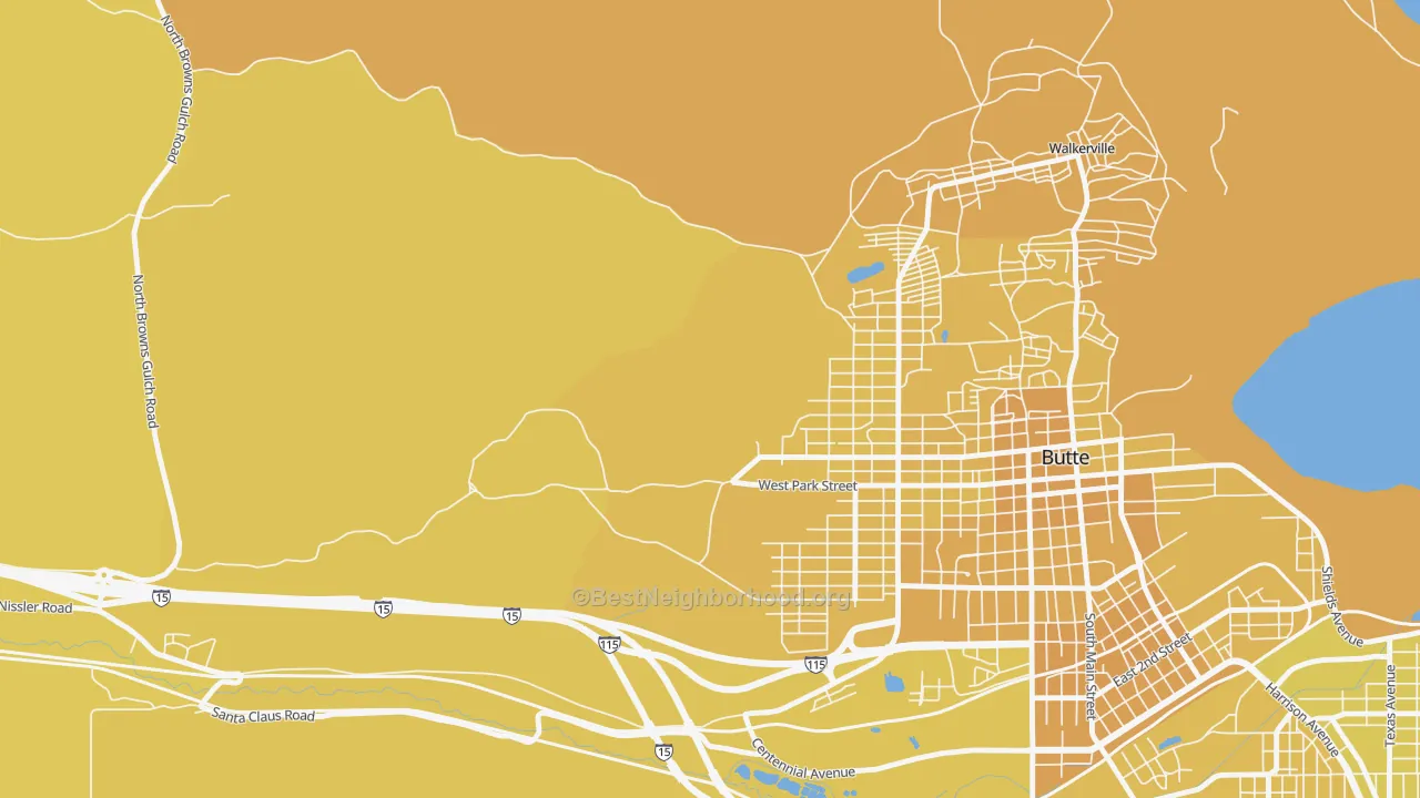 Map of the best neighborhoods in the Centerville area, with better matches in green and worse matches in red