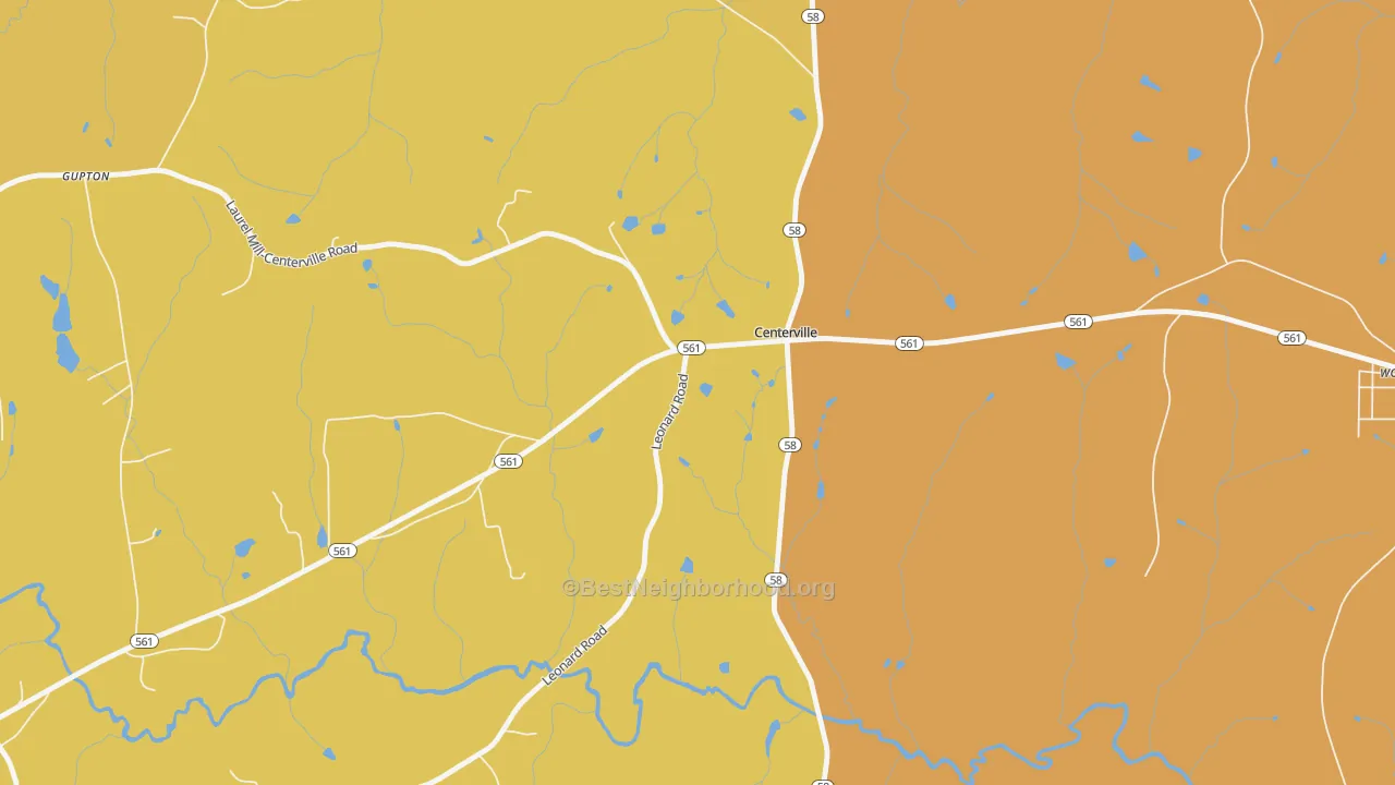 Map of the best neighborhoods in the Centerville area, with better matches in green and worse matches in red