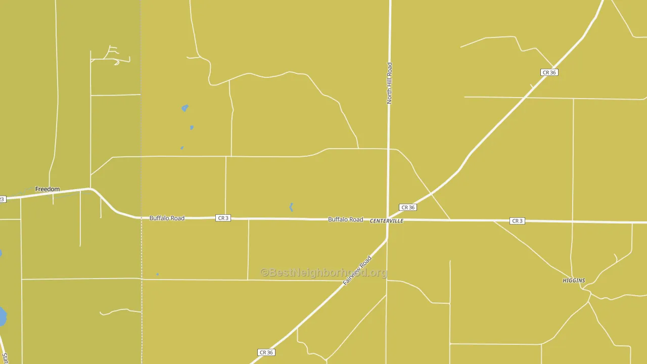 Map of the best neighborhoods in the Centerville area, with better matches in green and worse matches in red