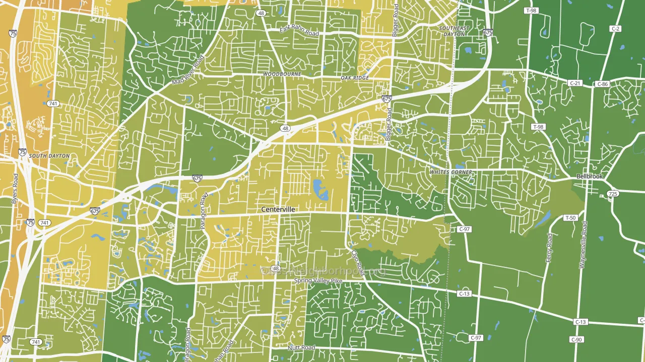 Map of the best neighborhoods in the Centerville area, with better matches in green and worse matches in red