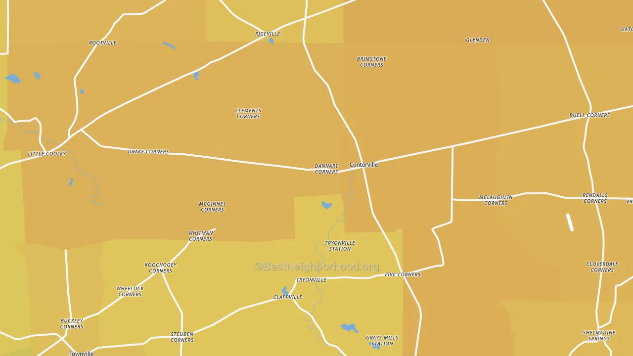 Map of the best neighborhoods in the Centerville area, with better matches in green and worse matches in red