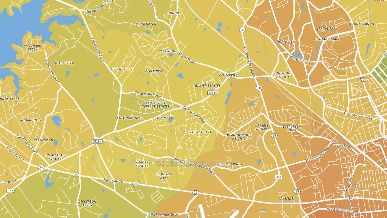 Map of the best neighborhoods in the Centerville area, with better matches in green and worse matches in red