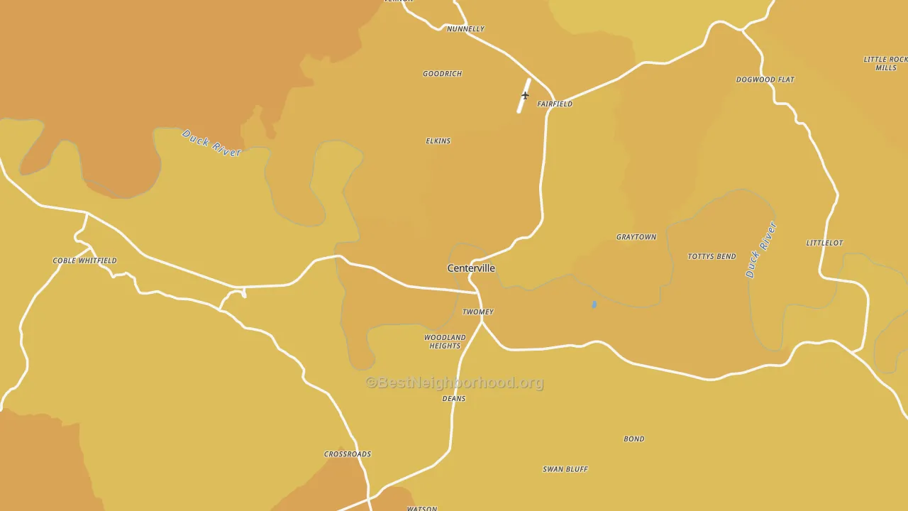 Map of the best neighborhoods in the Centerville area, with better matches in green and worse matches in red