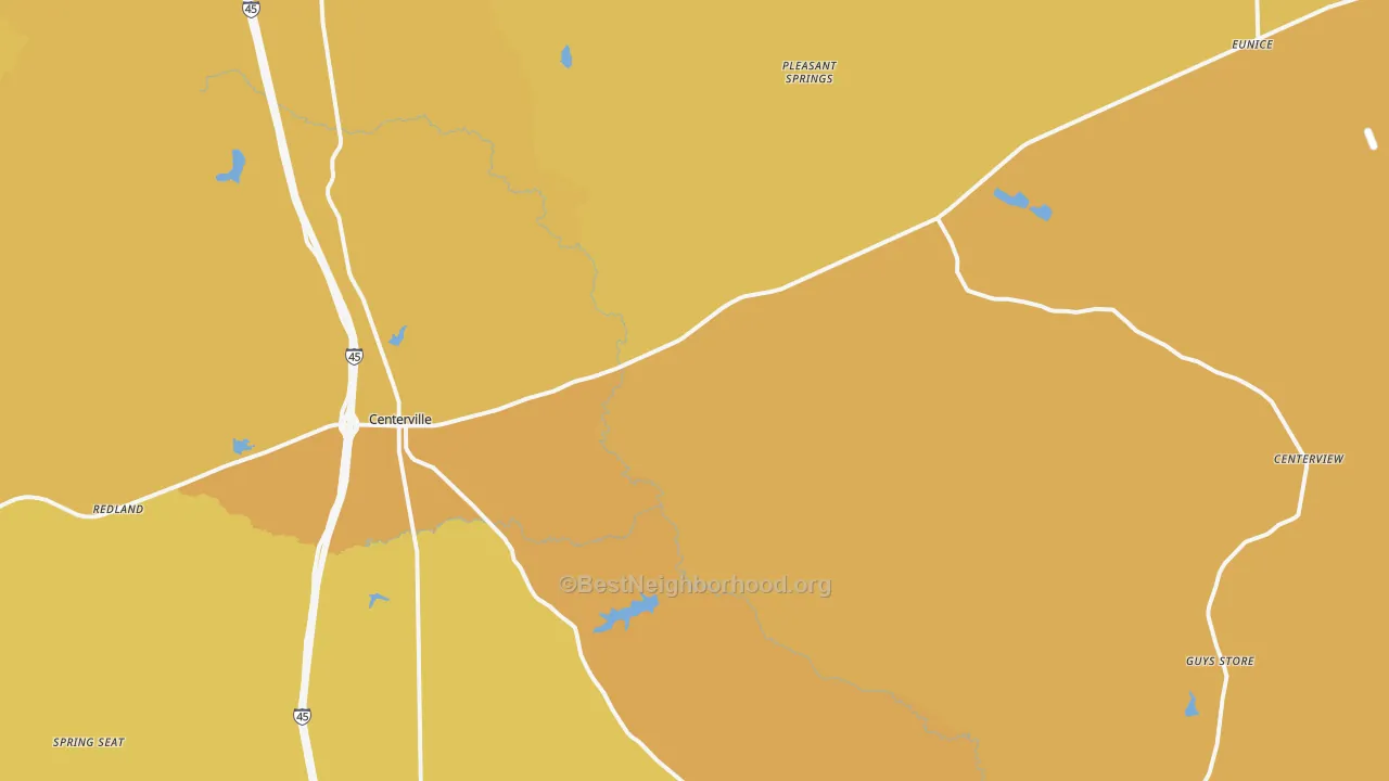 Map of the best neighborhoods in the Centerville area, with better matches in green and worse matches in red