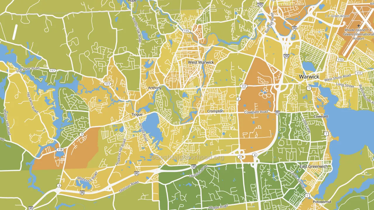 Map of the best neighborhoods in the Centerville, West Warwick area, with better matches in green and worse matches in red
