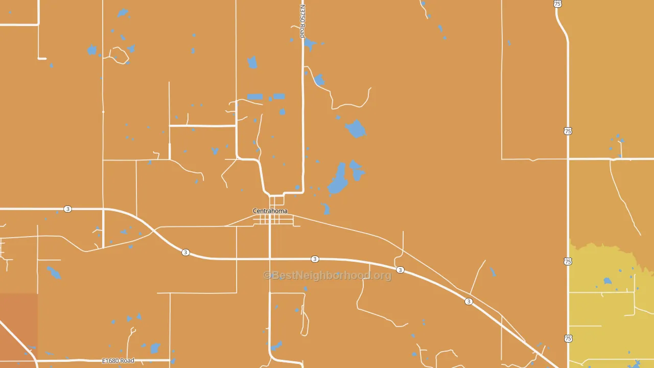 Map of the best neighborhoods in the Centrahoma area, with better matches in green and worse matches in red