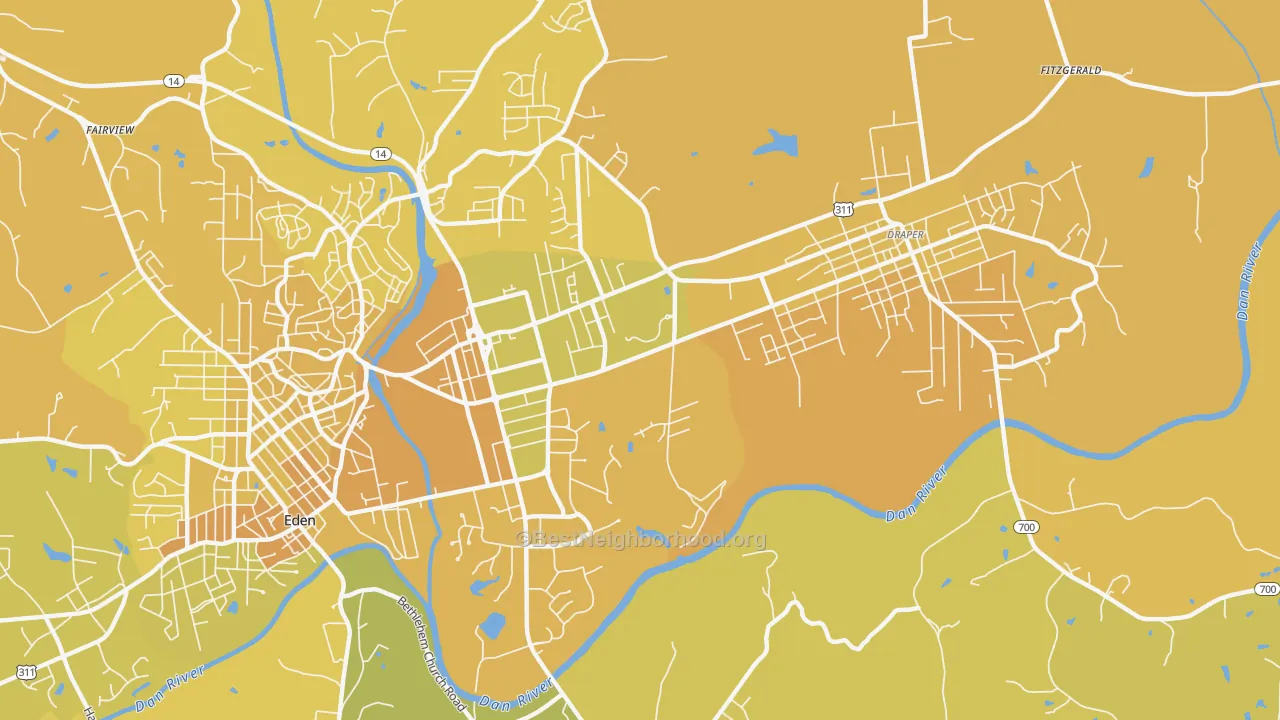 Map of the best neighborhoods in the Central Area, Eden area, with better matches in green and worse matches in red