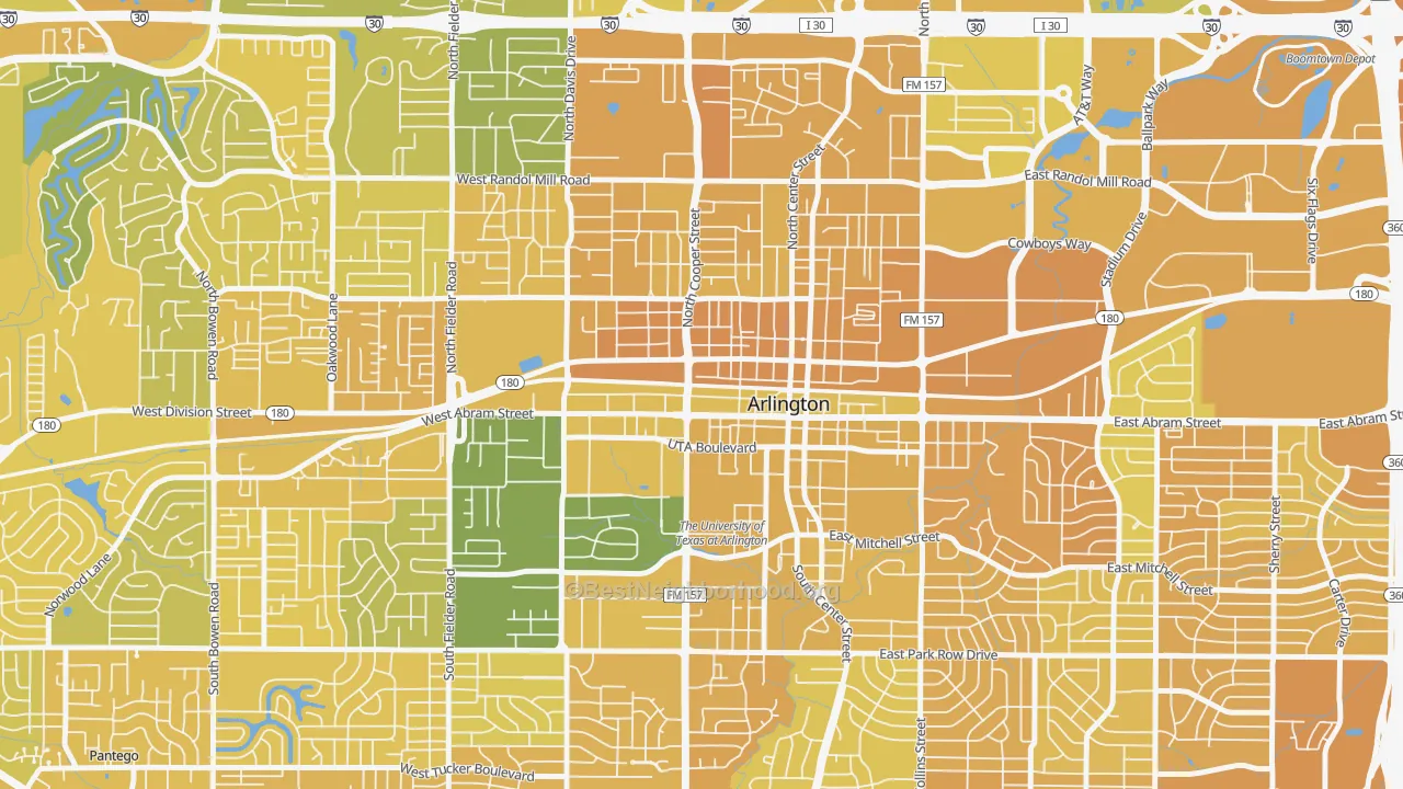 Map of the best neighborhoods in the Central Arlington, Arlington area, with better matches in green and worse matches in red