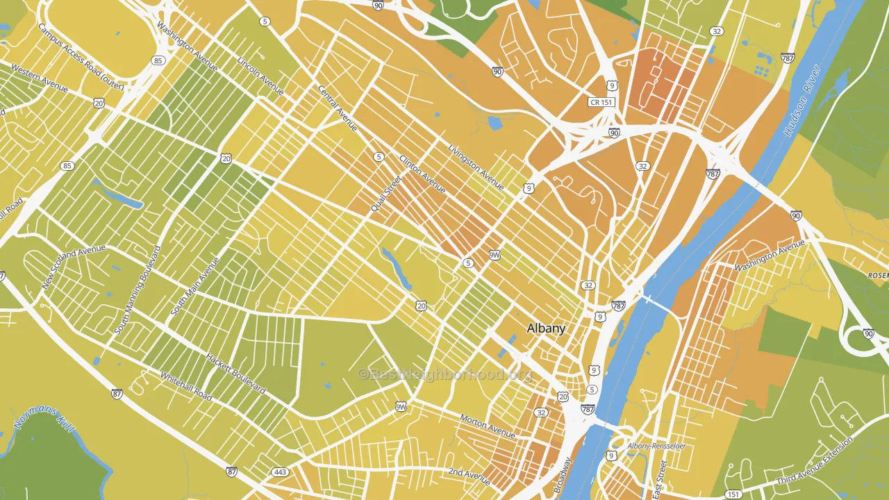 Map of the best neighborhoods in the Central Ave, Albany area, with better matches in green and worse matches in red