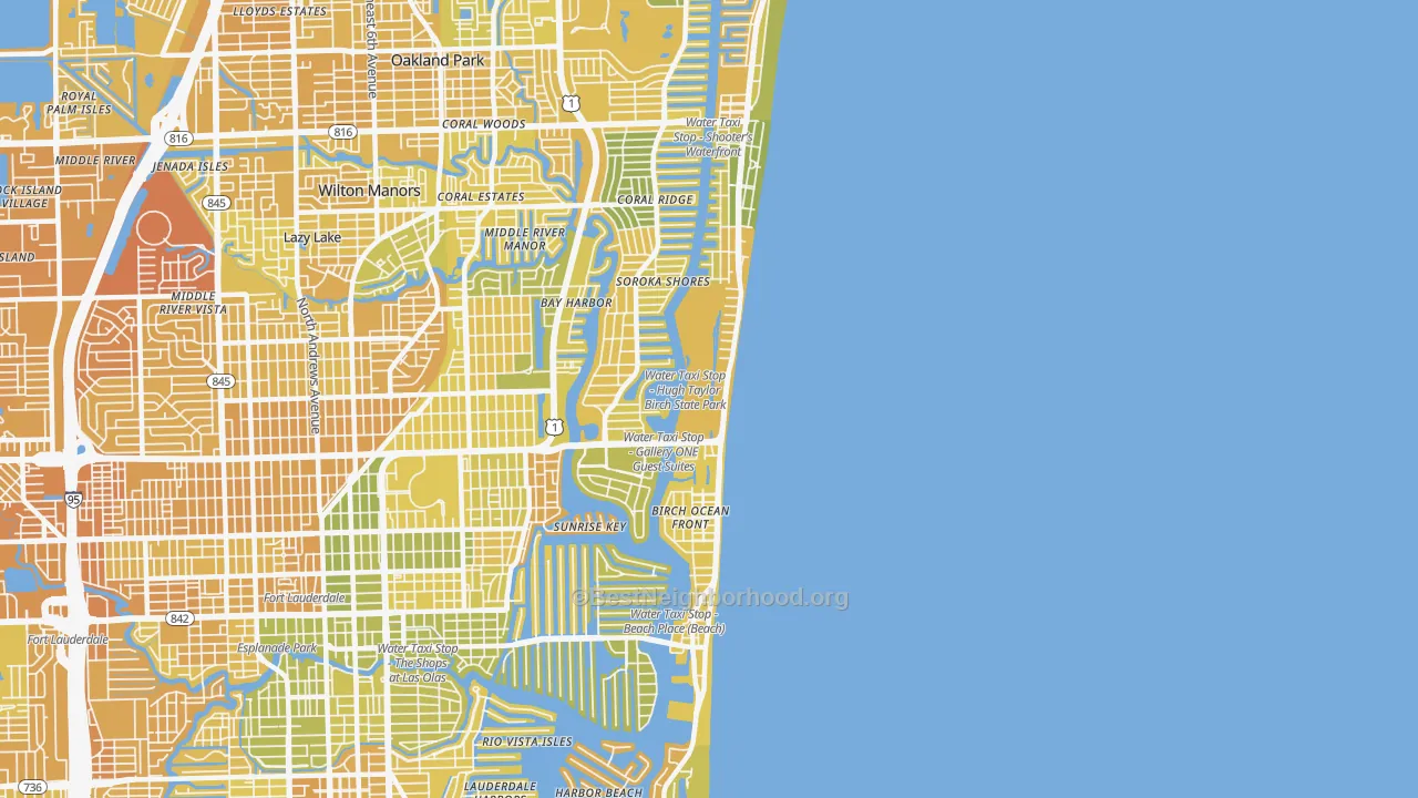 Map of the best neighborhoods in the Central Beach, Fort Lauderdale area, with better matches in green and worse matches in red