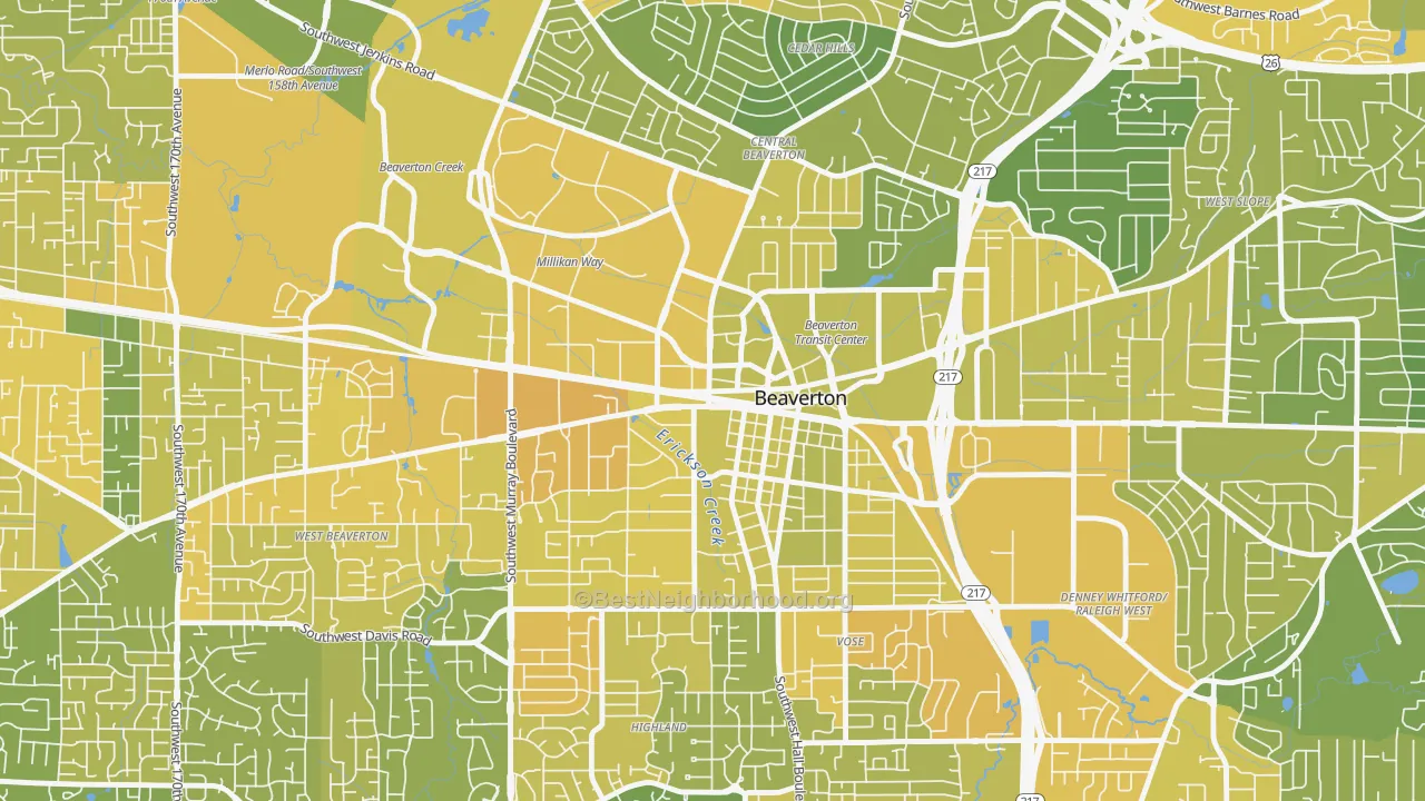 Map of the best neighborhoods in the Central Beaverton, Beaverton area, with better matches in green and worse matches in red