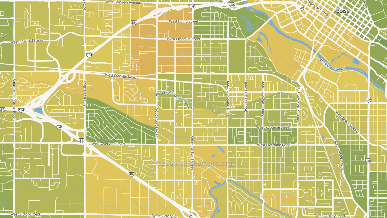 Map of the best neighborhoods in the Central Bench, Boise area, with better matches in green and worse matches in red