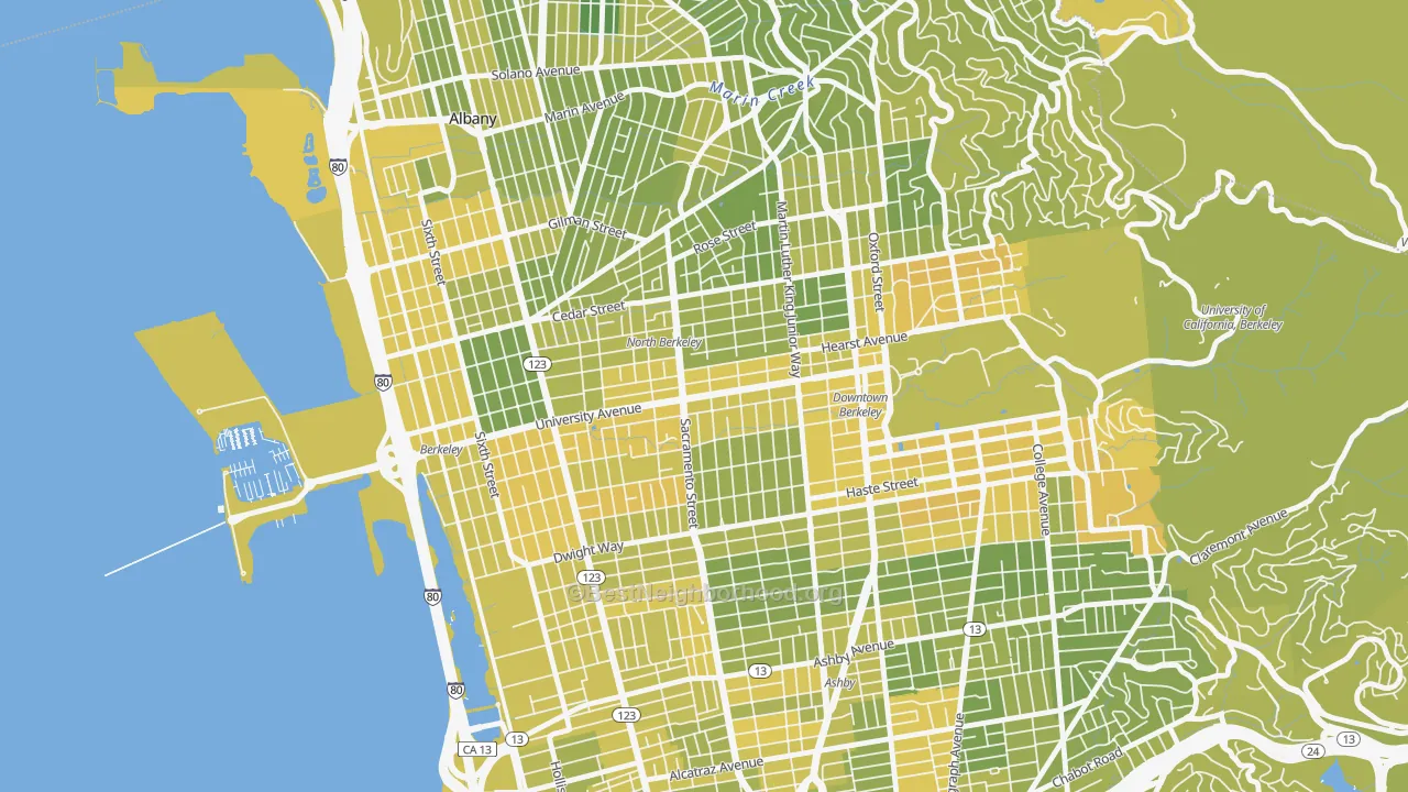 Map of the best neighborhoods in the Central Berkeley, Berkeley area, with better matches in green and worse matches in red