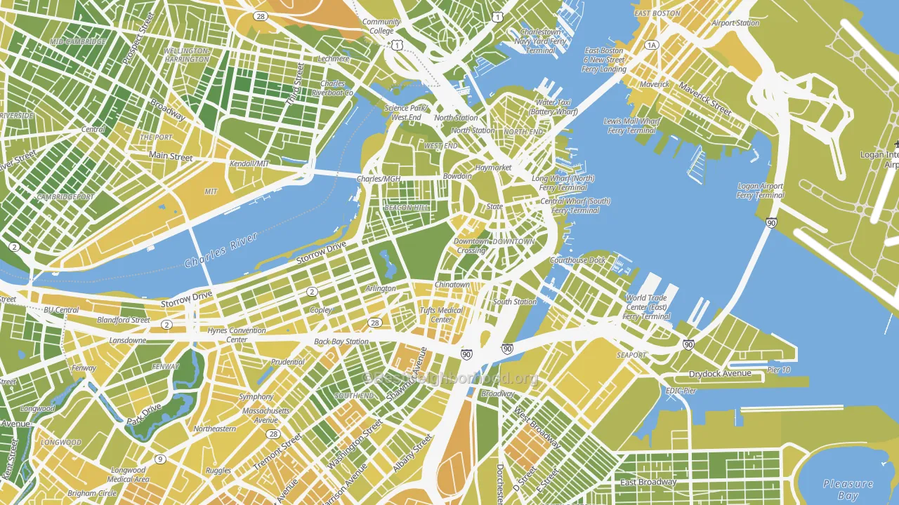 Map of the best neighborhoods in the Central, Boston area, with better matches in green and worse matches in red