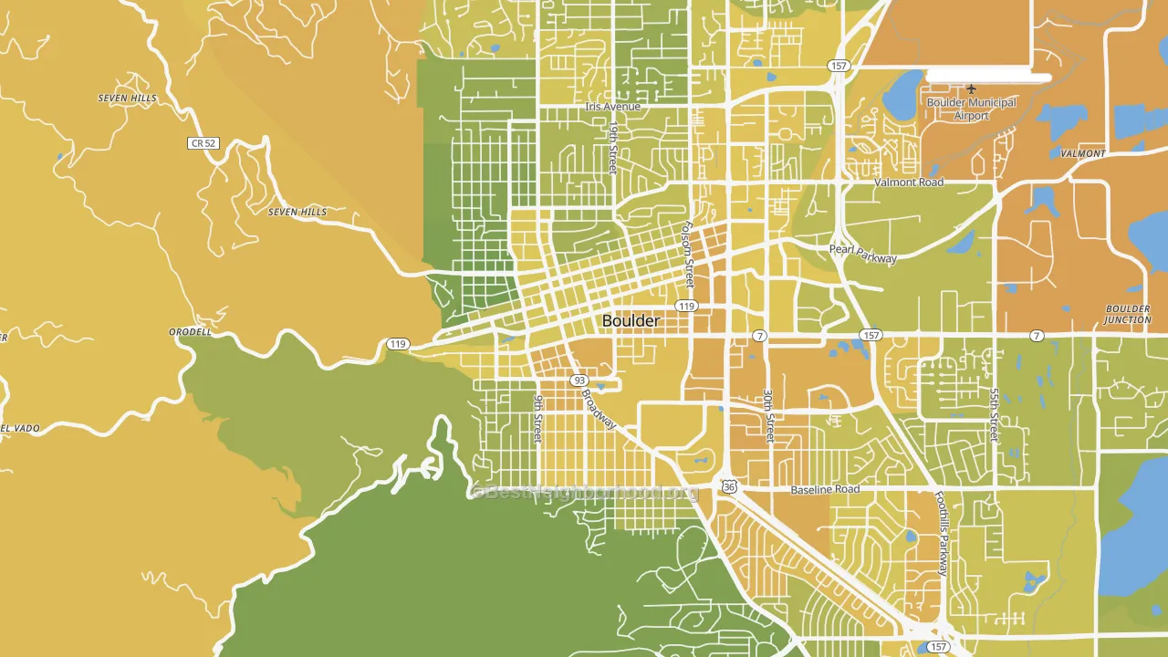 Map of the best neighborhoods in the Central Boulder, Boulder area, with better matches in green and worse matches in red