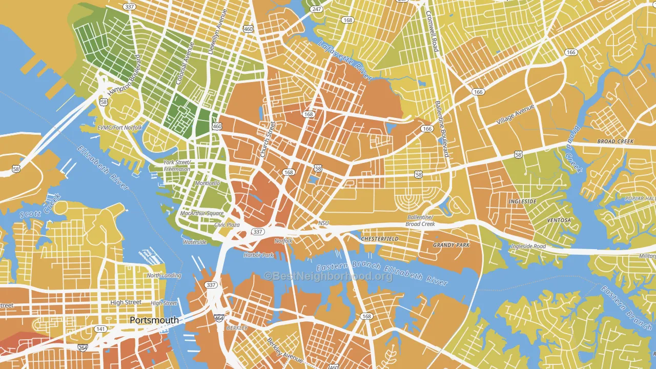 Map of the best neighborhoods in the Central Brambleton, Norfolk area, with better matches in green and worse matches in red