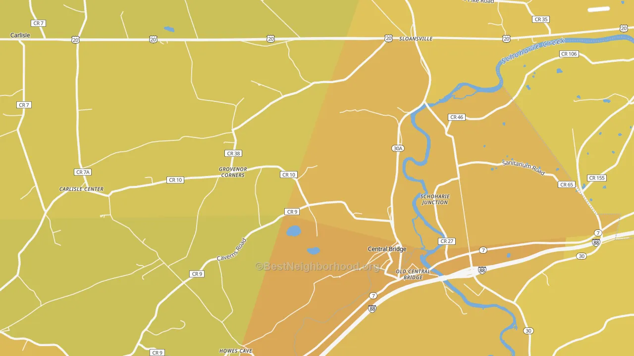 Map of the best neighborhoods in the Central Bridge area, with better matches in green and worse matches in red