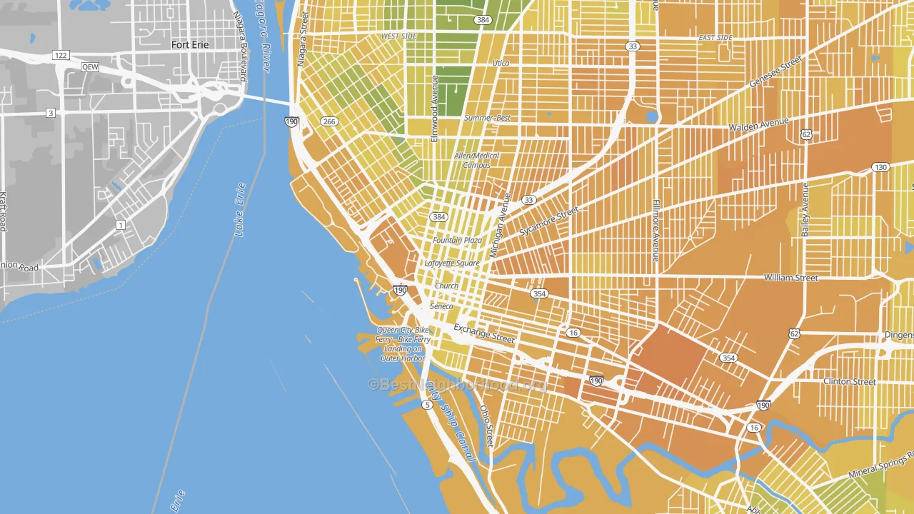Map of the best neighborhoods in the Central Business District-Buffalo, Buffalo area, with better matches in green and worse matches in red