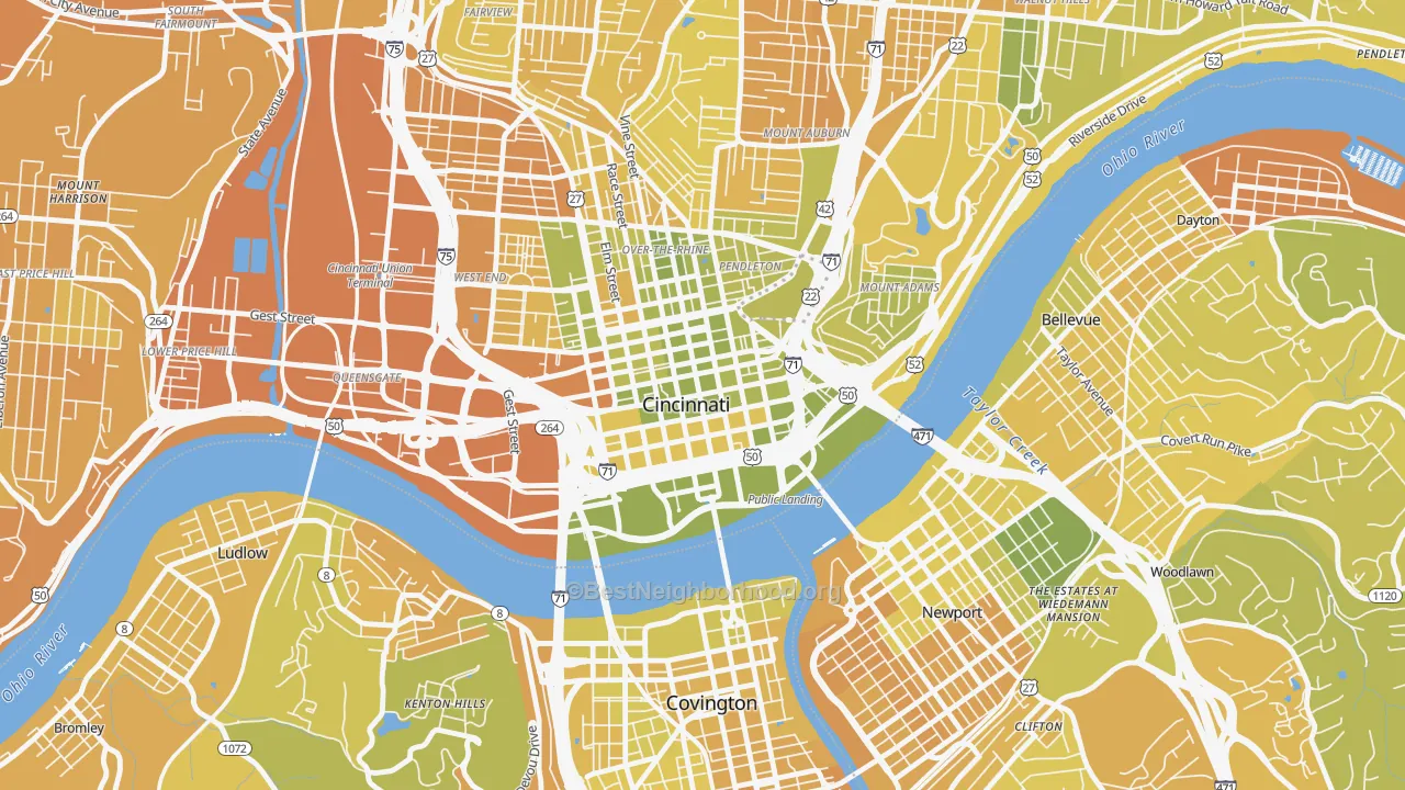 Map of the best neighborhoods in the Central Business District, Cincinnati area, with better matches in green and worse matches in red