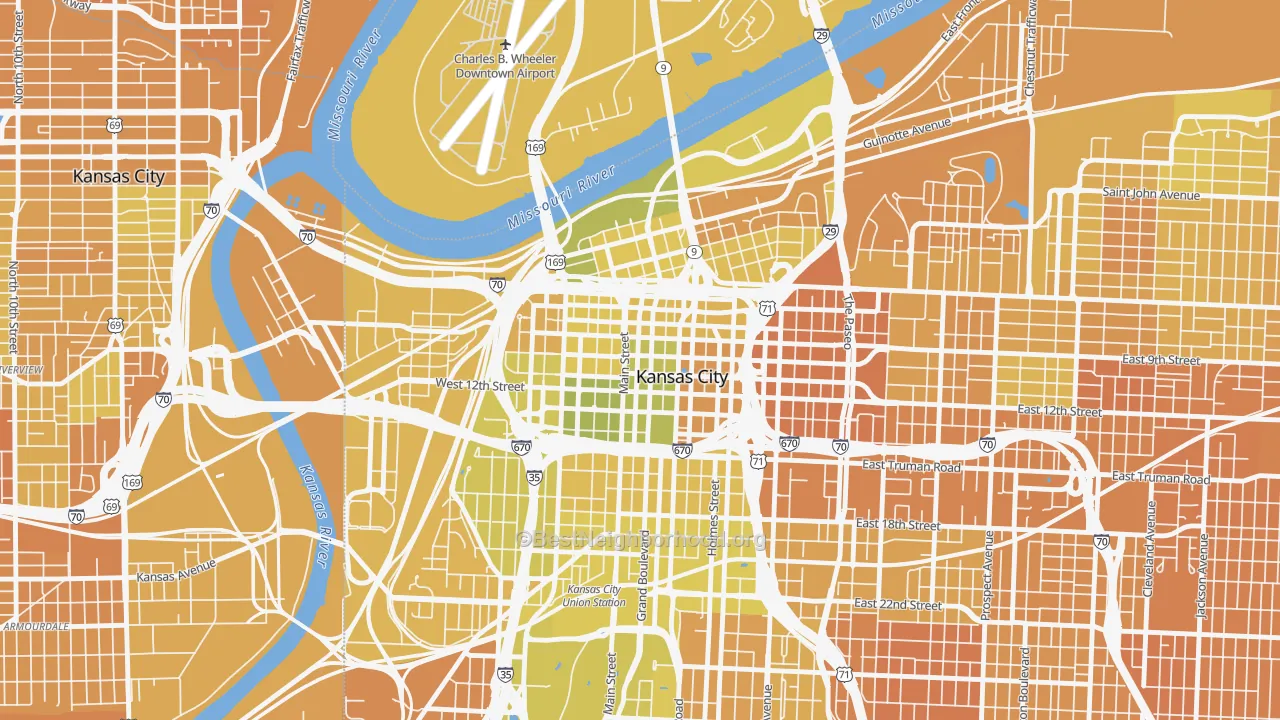 Map of the best neighborhoods in the Central Business District, Kansas City area, with better matches in green and worse matches in red