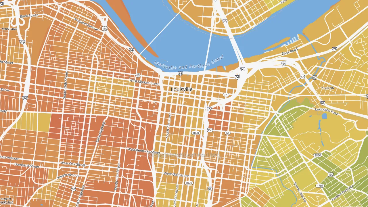 Map of the best neighborhoods in the Central Business District, Louisville area, with better matches in green and worse matches in red