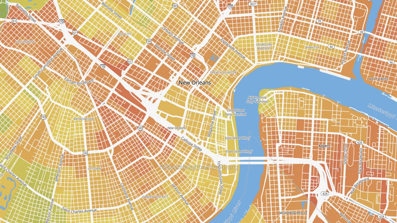 Map of the best neighborhoods in the Central Business District, New Orleans area, with better matches in green and worse matches in red