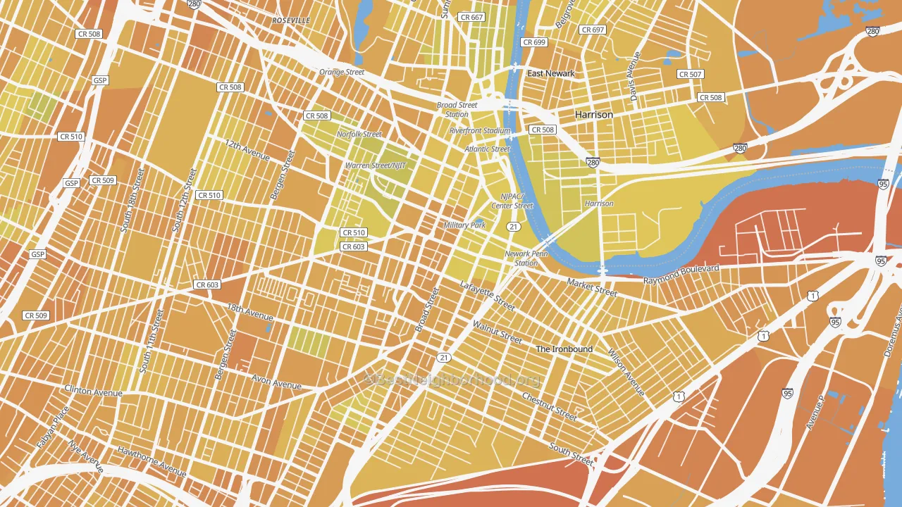Map of the best neighborhoods in the Central Business District, Newark area, with better matches in green and worse matches in red