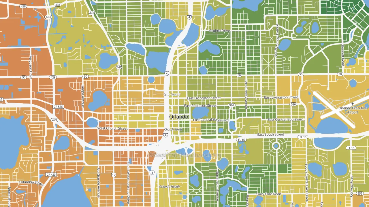 Map of the best neighborhoods in the Central Business District, Orlando area, with better matches in green and worse matches in red