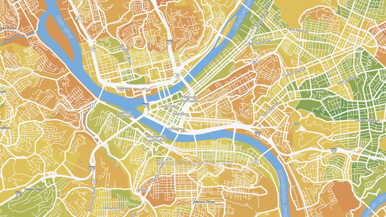Map of the best neighborhoods in the Central Business District, Pittsburgh area, with better matches in green and worse matches in red