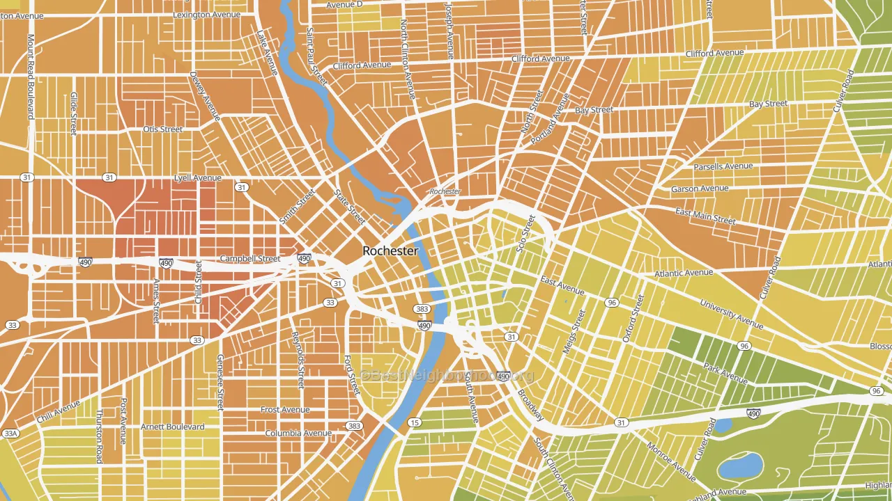 Map of the best neighborhoods in the Central Business District-Rochester, Rochester area, with better matches in green and worse matches in red