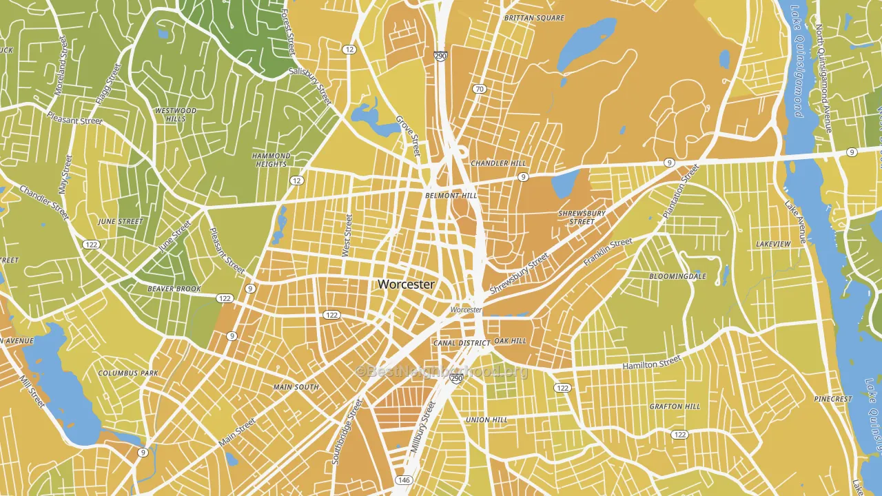 Map of the best neighborhoods in the Central Business District, Worcester area, with better matches in green and worse matches in red