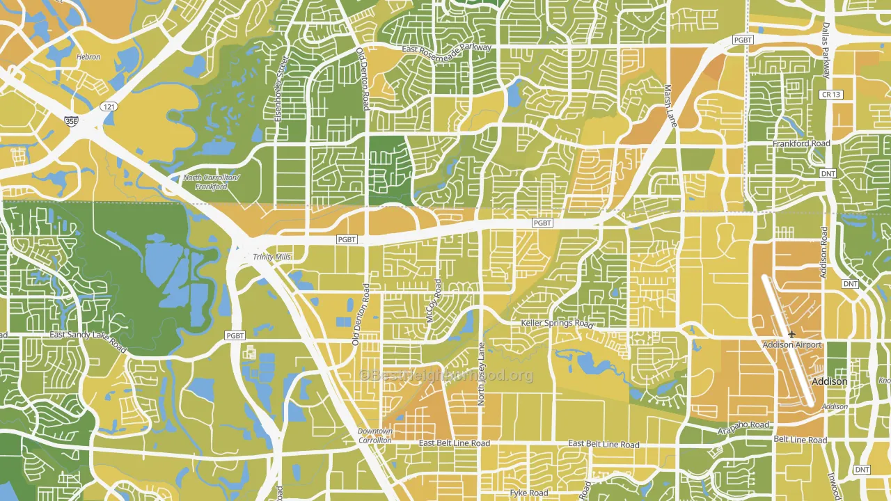 Map of the best neighborhoods in the Central Carrollton, Carrollton area, with better matches in green and worse matches in red