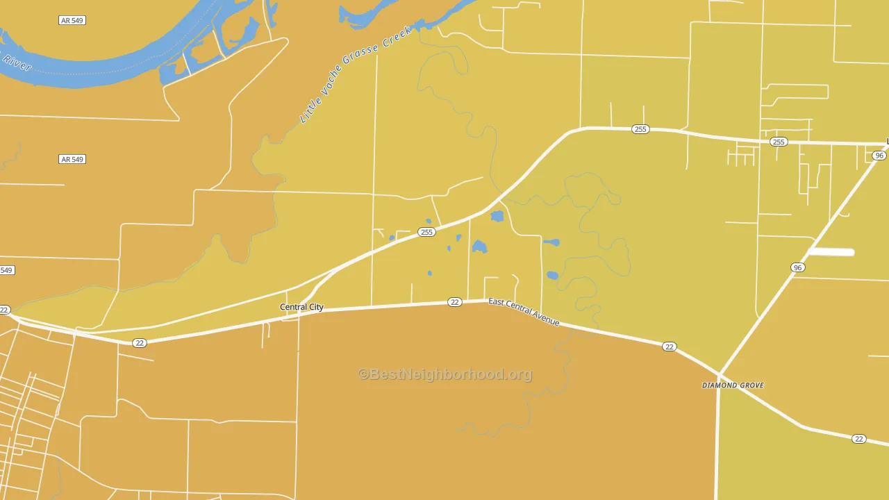 Map of the best neighborhoods in the Central City area, with better matches in green and worse matches in red