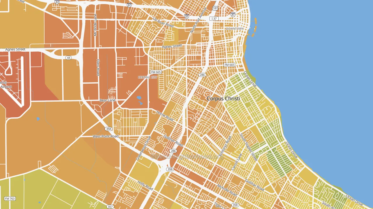 Map of the best neighborhoods in the Central City, Corpus Christi area, with better matches in green and worse matches in red