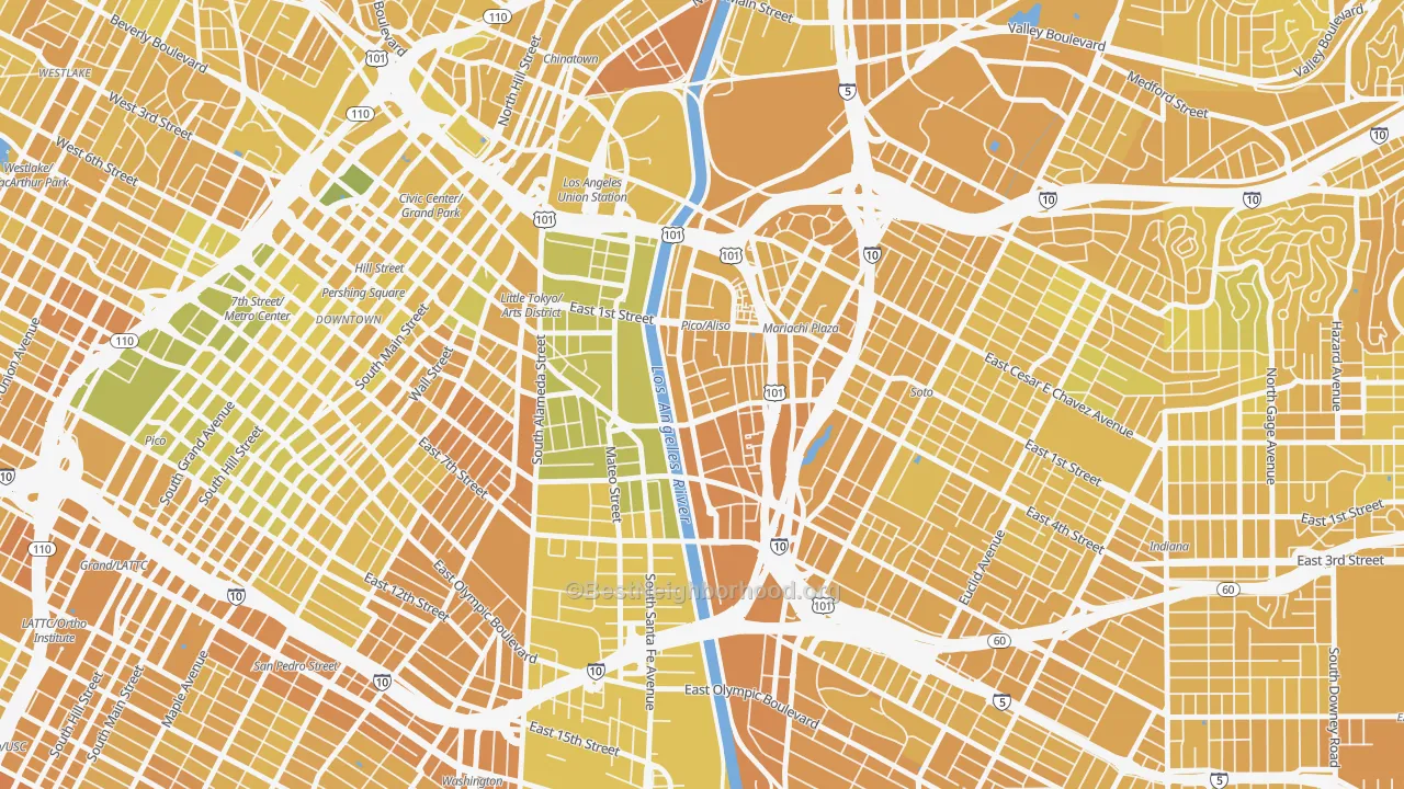Map of the best neighborhoods in the Central City East, Los Angeles area, with better matches in green and worse matches in red