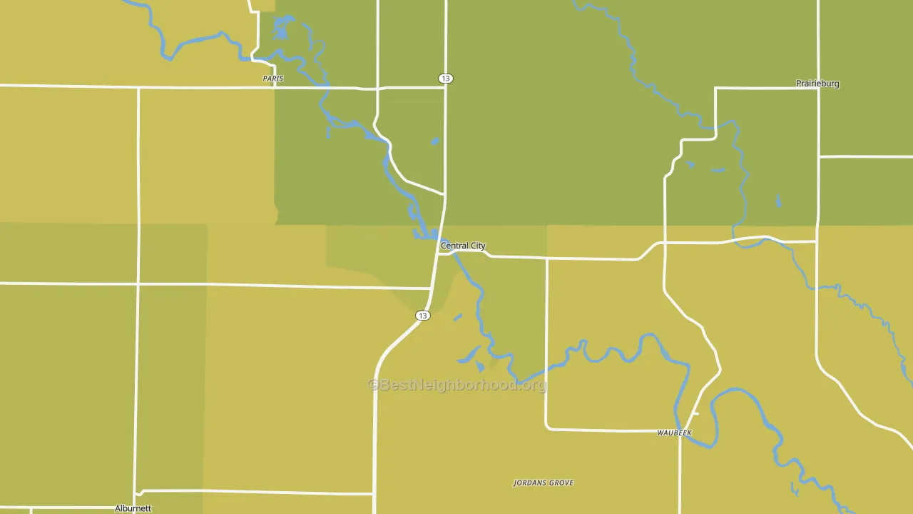 Map of the best neighborhoods in the Central City area, with better matches in green and worse matches in red