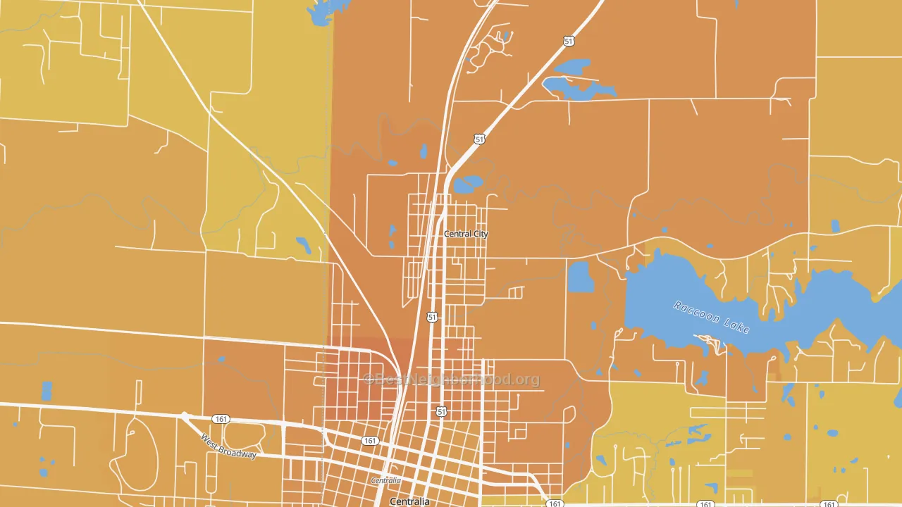 Map of the best neighborhoods in the Central City area, with better matches in green and worse matches in red