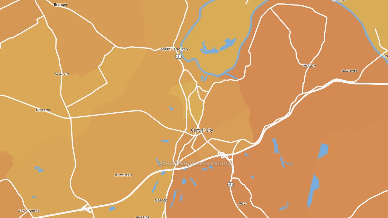 Map of the best neighborhoods in the Central City area, with better matches in green and worse matches in red