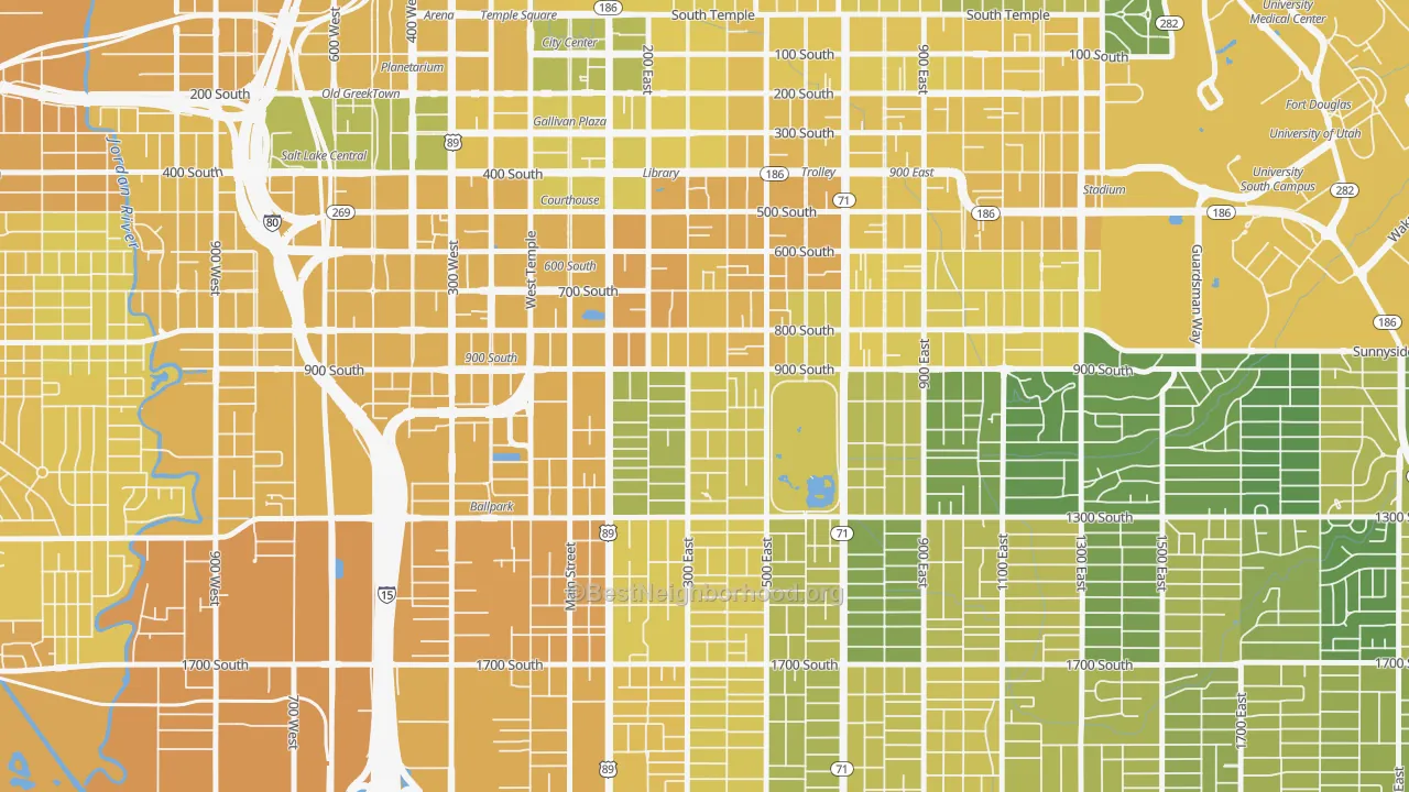 Map of the best neighborhoods in the Central City Liberty Wells, Salt Lake City area, with better matches in green and worse matches in red