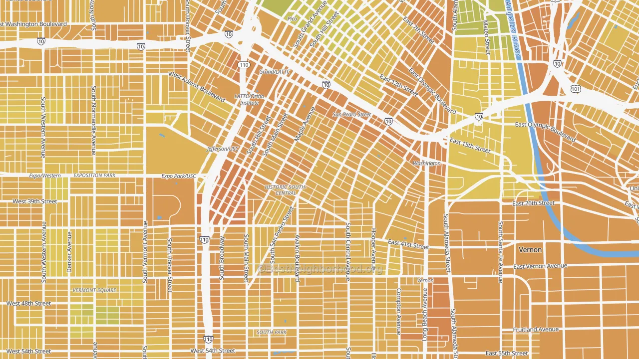 Map of the best neighborhoods in the Central City, Los Angeles area, with better matches in green and worse matches in red