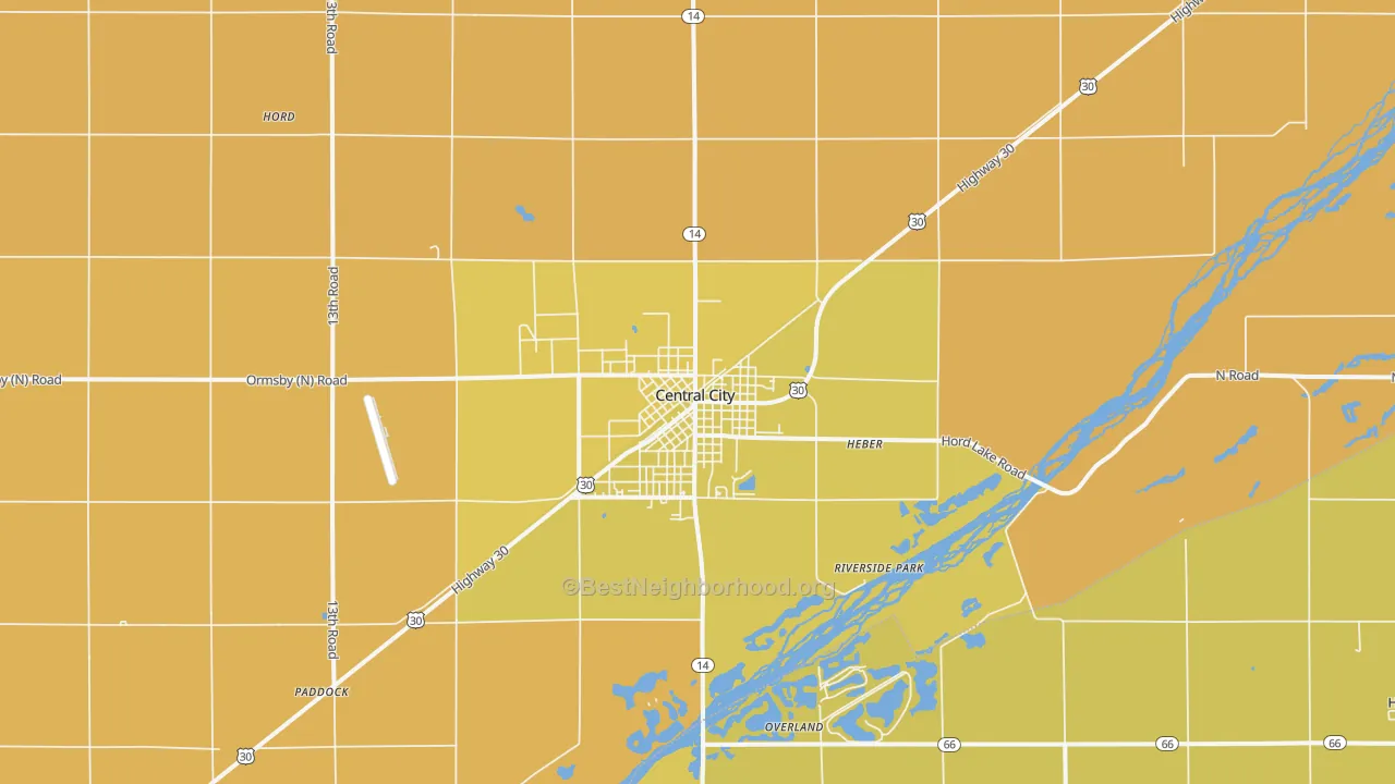 Map of the best neighborhoods in the Central City area, with better matches in green and worse matches in red