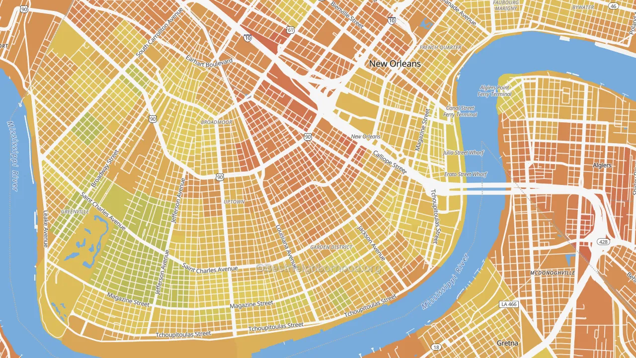 Map of the best neighborhoods in the Central City, New Orleans area, with better matches in green and worse matches in red