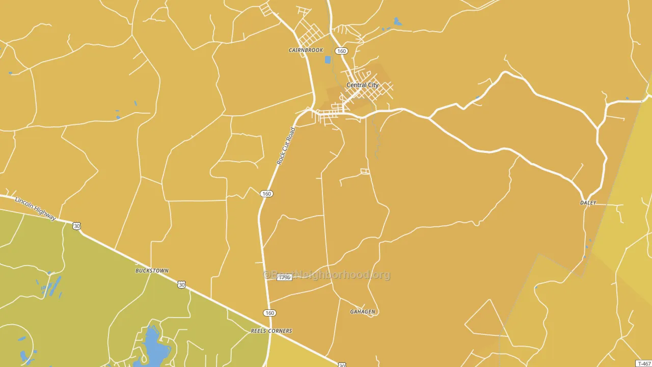 Map of the best neighborhoods in the Central City area, with better matches in green and worse matches in red