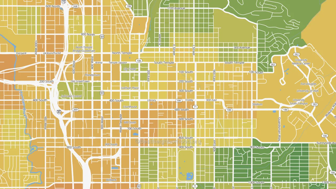 Map of the best neighborhoods in the Central City, Salt Lake City area, with better matches in green and worse matches in red