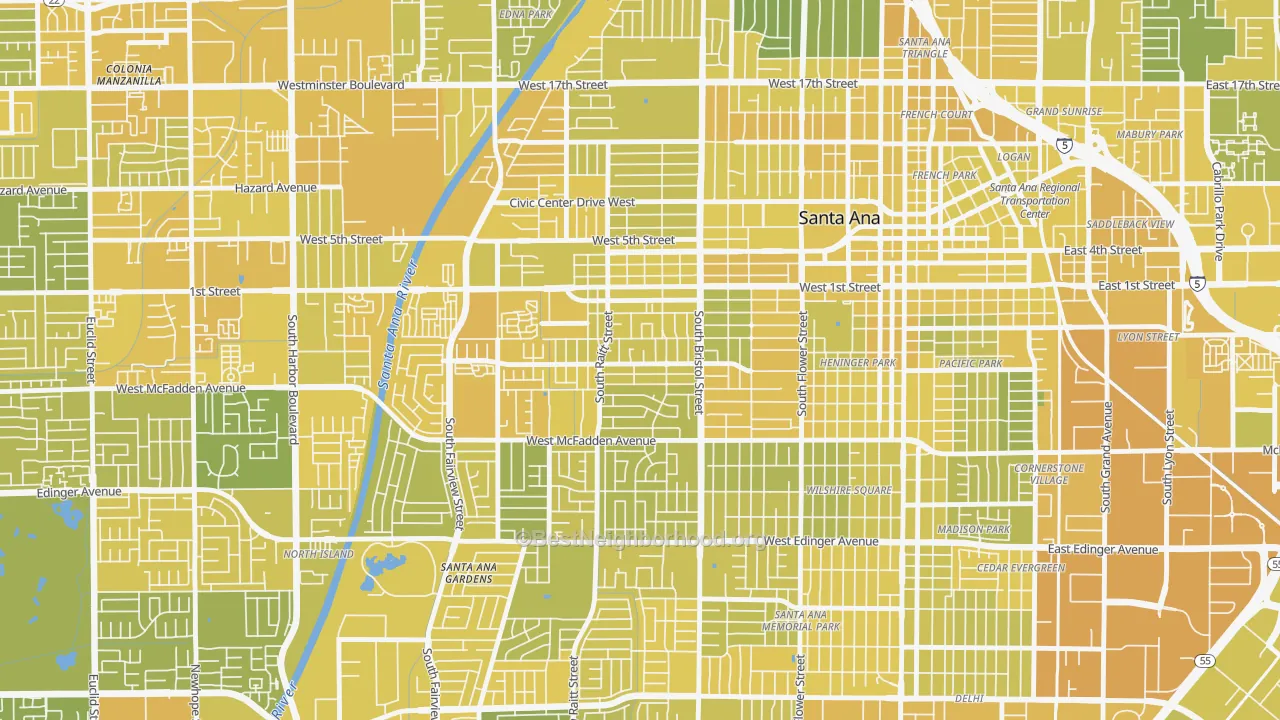 Map of the best neighborhoods in the Central City Santa Ana, Santa Ana area, with better matches in green and worse matches in red
