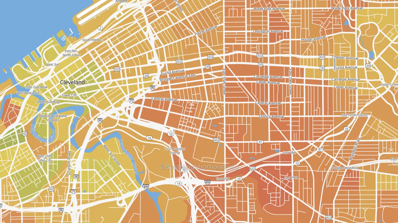 Map of the best neighborhoods in the Central, Cleveland area, with better matches in green and worse matches in red
