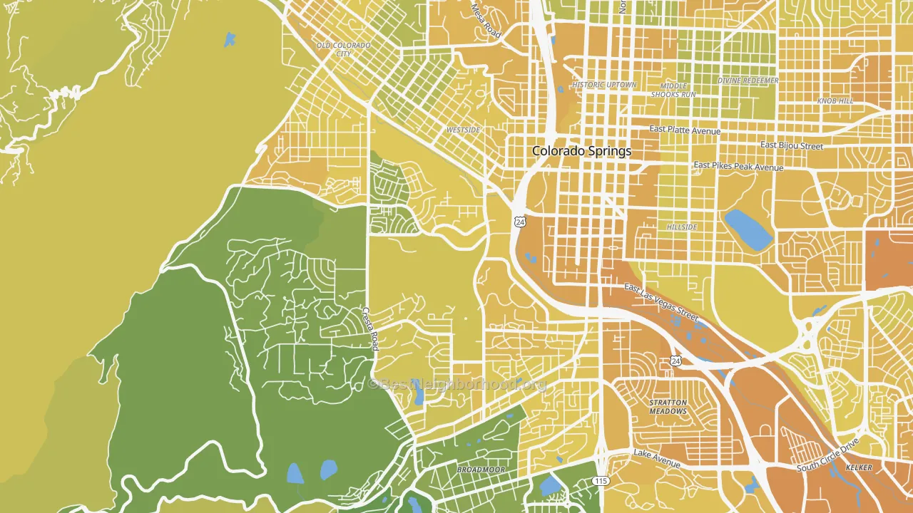 Map of the best neighborhoods in the Central Colorado City, Colorado Springs area, with better matches in green and worse matches in red