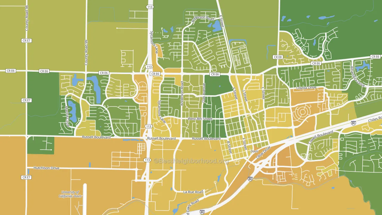 Map of the best neighborhoods in the Central Davis, Davis area, with better matches in green and worse matches in red