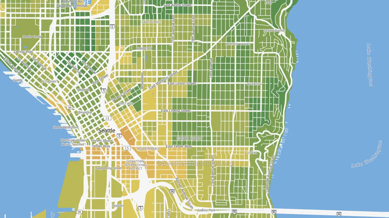 Map of the best neighborhoods in the Central District, Seattle area, with better matches in green and worse matches in red