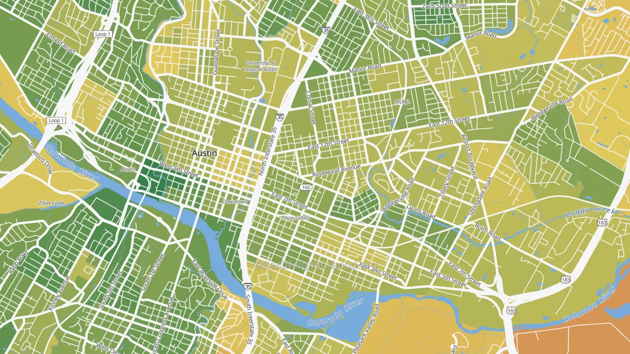 Map of the best neighborhoods in the Central East Austin, Austin area, with better matches in green and worse matches in red